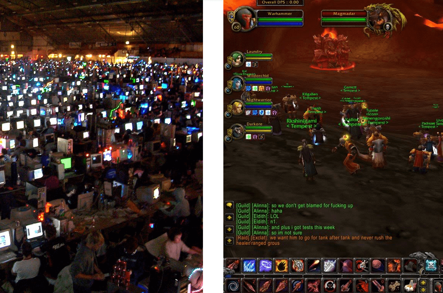 On the left, a large gathering of players in the same place (LAN or local area network). On the right, an image from the World of Warcraft game, showing several avatars in the same place in the world represented.
